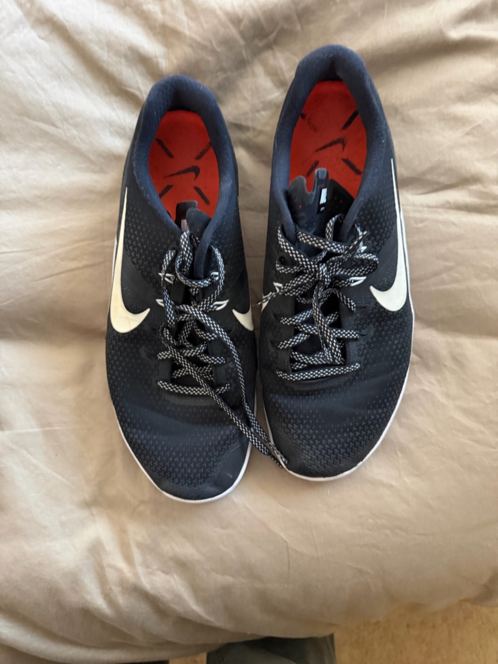 Nike Metcon 3 Black Athletic Sneakers with White Swoosh and Red Insole